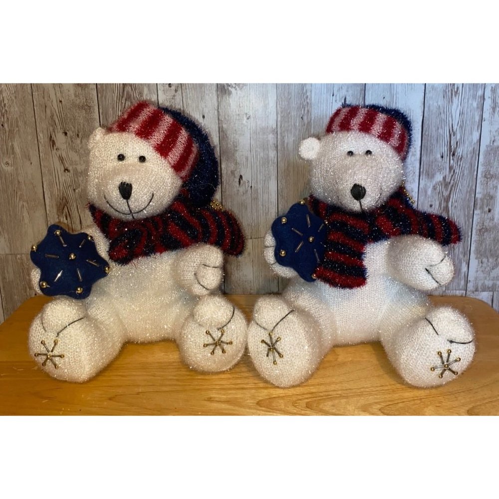 Set of 2 Polar Bear Plush Glitter Decorations Toy Stuffed Animal Christmas Scarf